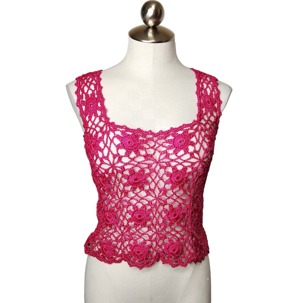 Crochet Open‎ Weave Crop Tank Top Pink